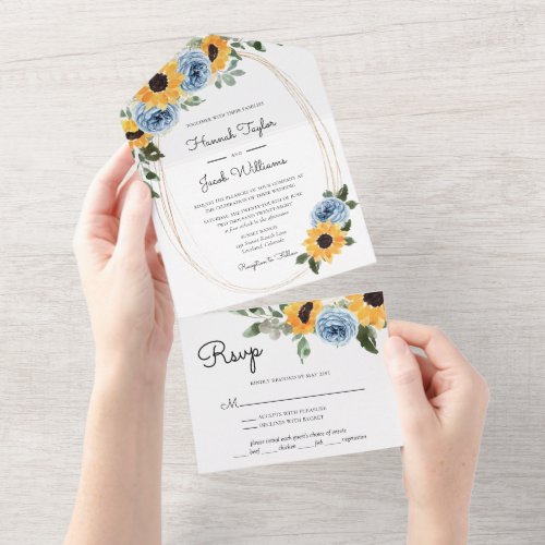 Sunflower Dusty Blue Rustic Roses Wedding All In One Invitation