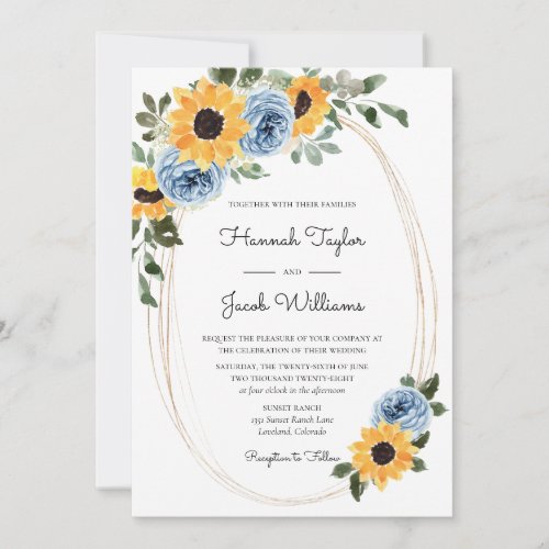 Sunflower Dusty Blue Rustic Roses Wedding Invitation