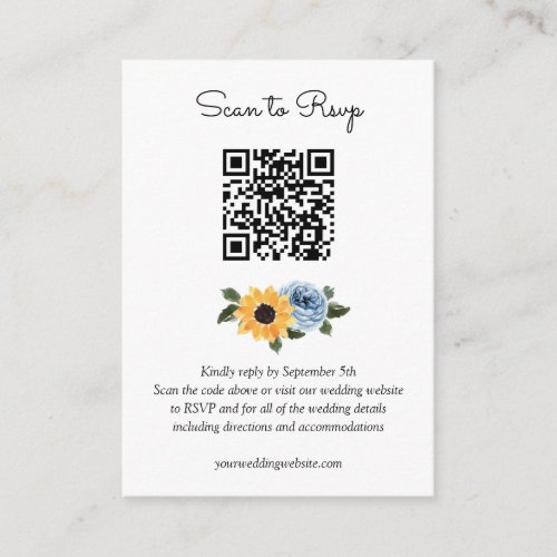 Sunflower Dusty Blue Rustic Wedding QR Code RSVP Enclosure Card