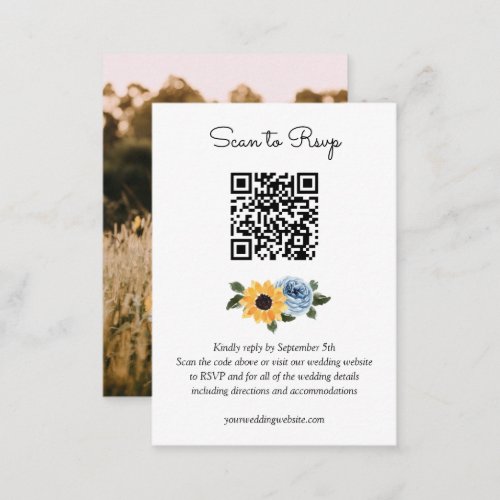 Sunflower Dusty Blue Rustic Wedding QR Code RSVP Enclosure Card