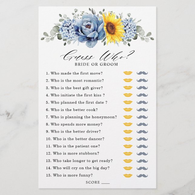 Sunflower Dusty Blue Slate Bridal Shower Game (Front)