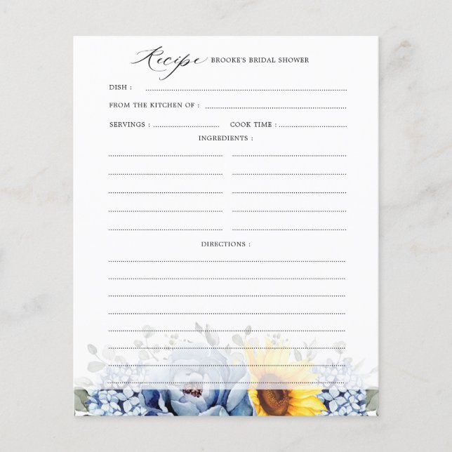 Sunflower Dusty Blue Slate Bridal Shower Recipe (Front)