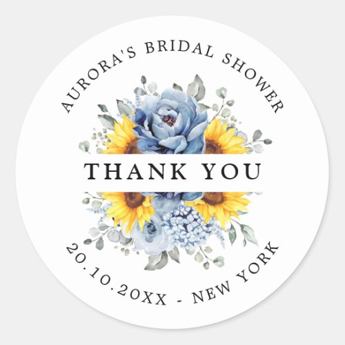Sunflower Dusty Blue Slate Bridal Shower Thank you Classic Round Sticker