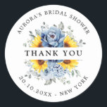 Sunflower Dusty Blue Slate Bridal Shower Thank you Classic Round Sticker<br><div class="desc">Elegant and modern floral midsummer bridal shower thank you sticker features a bouquet of watercolor sunflower hydrangea & peonies in shades of yellow , slate, dusty blue with lush green botanical leaves and eucalyptus. Please find more matching designs and variations from my "blissweddingpaperie" store. And feel free to contact me...</div>