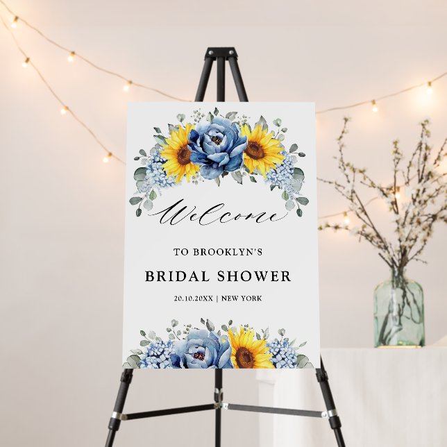 Sunflower Dusty Blue Slate Bridal Shower Welcome Foam Board (In Situ (Stand))