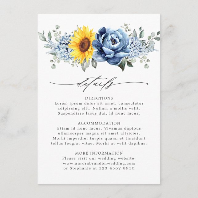 Sunflower Dusty Blue Slate Floral Wedding Details Enclosure Card (Front)