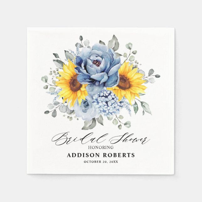 Sunflower Dusty Blue Slate Peony Bridal Shower     Napkins (Front)