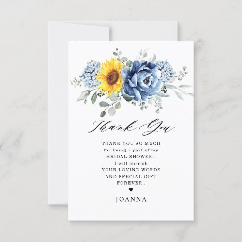 Sunflower Dusty Blue Slate Peony Bridal Shower Thank You Card