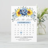 Sunflower Dusty Blue Slate Peony Floral  Calendar  Save The Date (Standing Front)