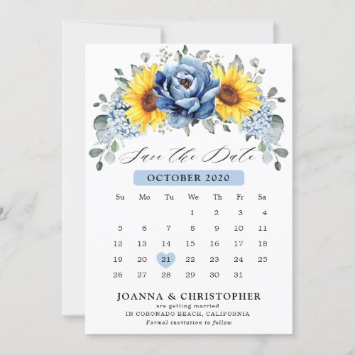 Sunflower Dusty Blue Slate Peony Floral  Calendar  Save The Date