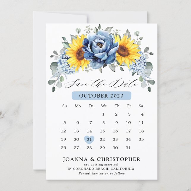 Sunflower Dusty Blue Slate Peony Floral  Calendar  Save The Date (Front)