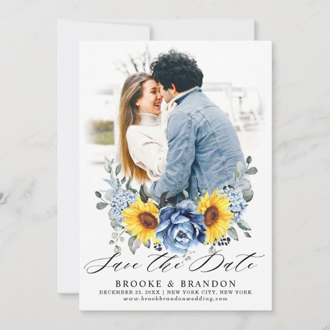 Sunflower Dusty Blue Slate Peony Floral Photo Save The Date (Front)