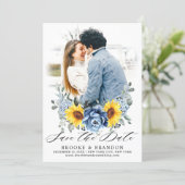 Sunflower Dusty Blue Slate Peony Floral Photo Save The Date (Standing Front)