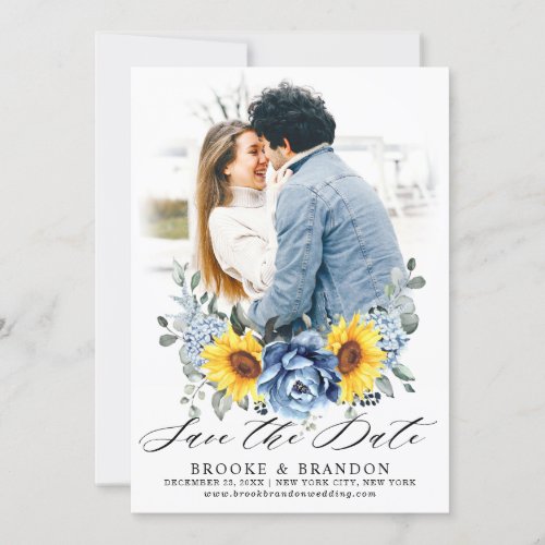 Sunflower Dusty Blue Slate Peony Floral Photo Save The Date