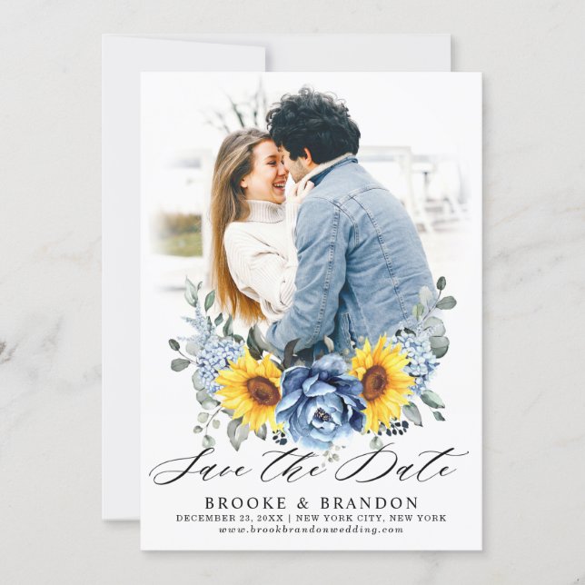 Sunflower Dusty Blue Slate Peony Floral Photo Save The Date (Front)