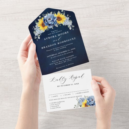 Sunflower Dusty Blue Slate Peony Floral Wedding Al All In One Invitation