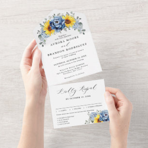 Sunflower Dusty Blue Slate Peony Floral Wedding Al All In One Invitation