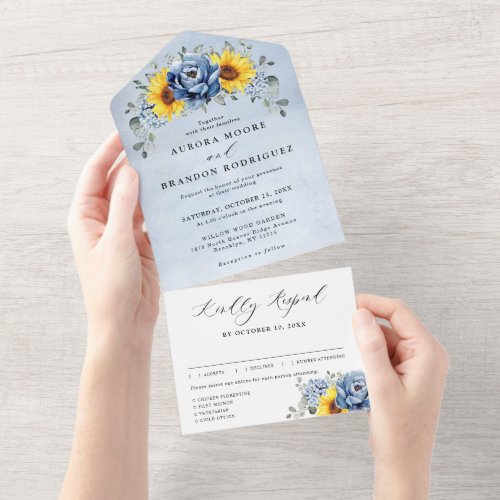 Sunflower Dusty Blue Slate Peony Floral Wedding Al All In One Invitation