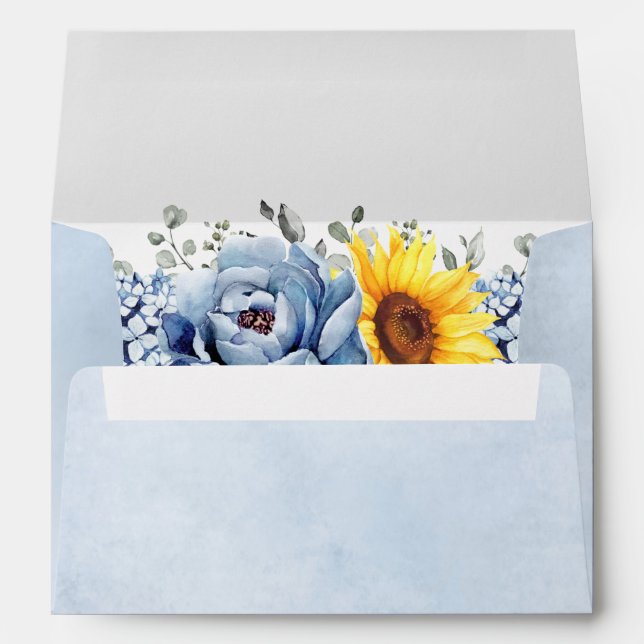 Sunflower Dusty Blue Slate Peony Floral Wedding Envelope (Back (Bottom))