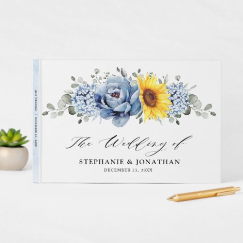 Sunflower Dusty Blue Slate Peony Floral Wedding Guest Book