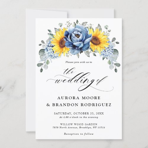 Sunflower Dusty Blue Slate Peony Floral Wedding    Invitation