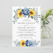 Sunflower Dusty Blue Slate Peony Floral Wedding Invitation (Standing Front)
