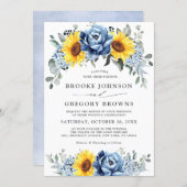 Sunflower Dusty Blue Slate Peony Floral Wedding Invitation (Front/Back)