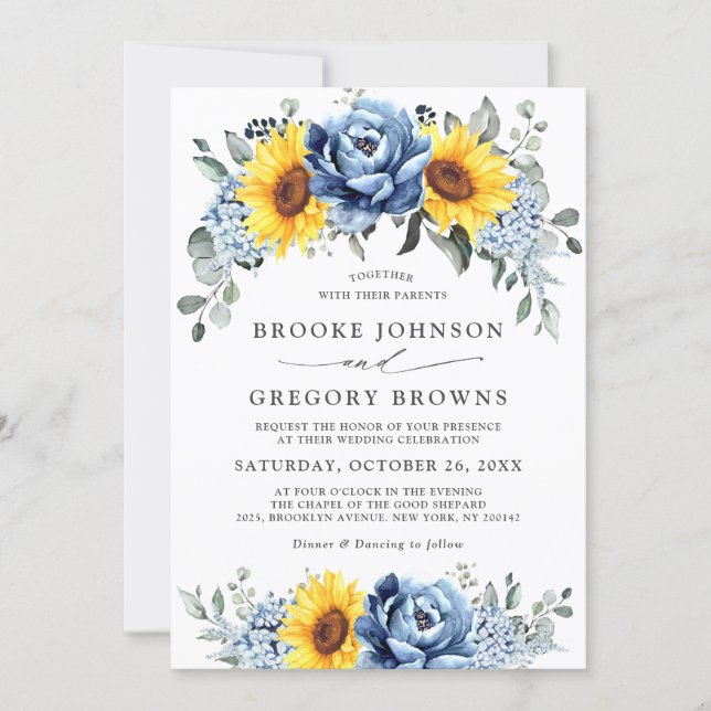Sunflower Dusty Blue Slate Peony Floral Wedding Invitation (Front)