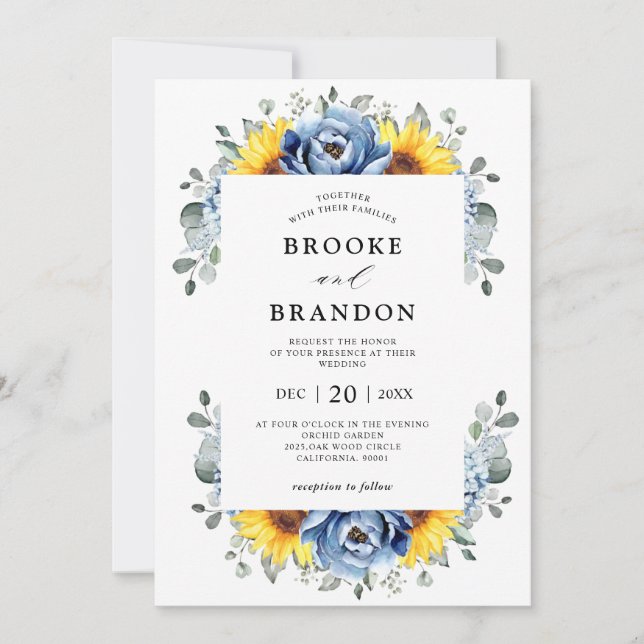 Sunflower Dusty Blue Slate Peony Floral Wedding Invitation (Front)