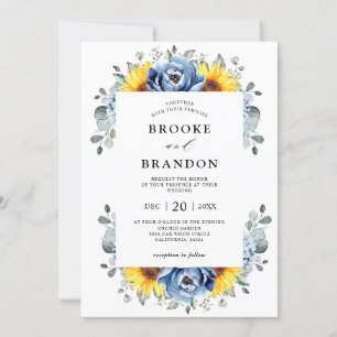 Sunflower Dusty Blue Slate Peony Floral Wedding Invitation