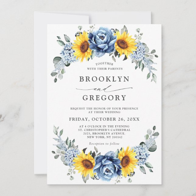 Sunflower Dusty Blue Slate Peony Floral Wedding Invitation (Front)