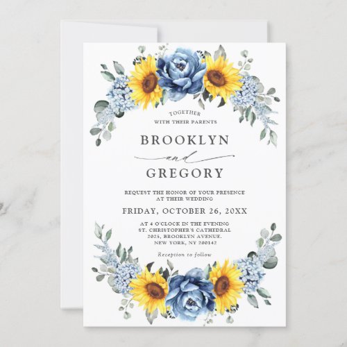 Sunflower Dusty Blue Slate Peony Floral Wedding Invitation