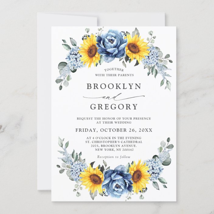 Sunflower Dusty Blue Slate Peony Floral Wedding Invitation | Zazzle