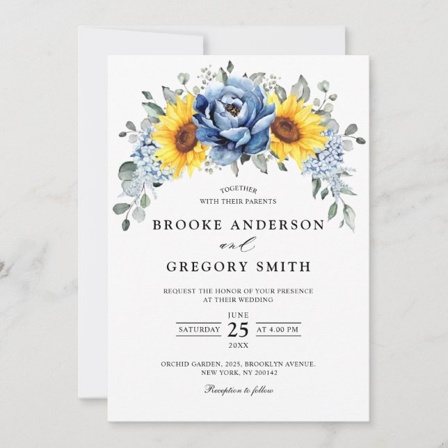 Sunflower Dusty Blue Slate Peony Floral Wedding Invitation (Front)