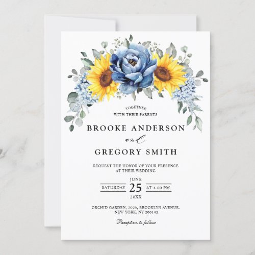 Sunflower Dusty Blue Slate Peony Floral Wedding Invitation