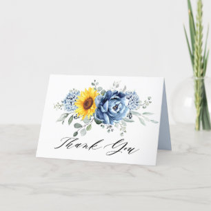Sunflower Dusty Blue Slate Peony Floral Wedding Letterpress Thank You Card