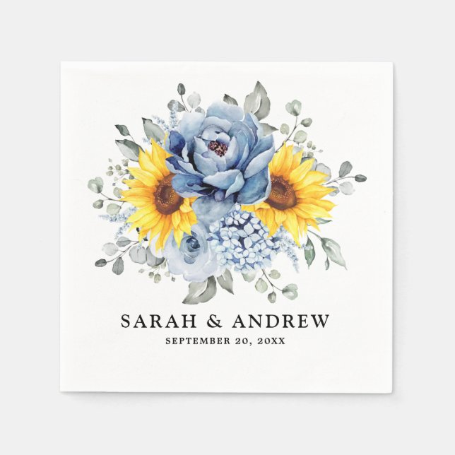 Sunflower Dusty Blue Slate Peony Floral Wedding Napkins (Front)