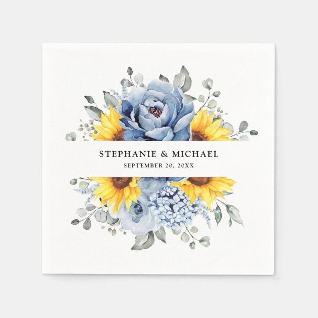 Sunflower Dusty Blue Slate Peony Floral Wedding Napkins (Front)