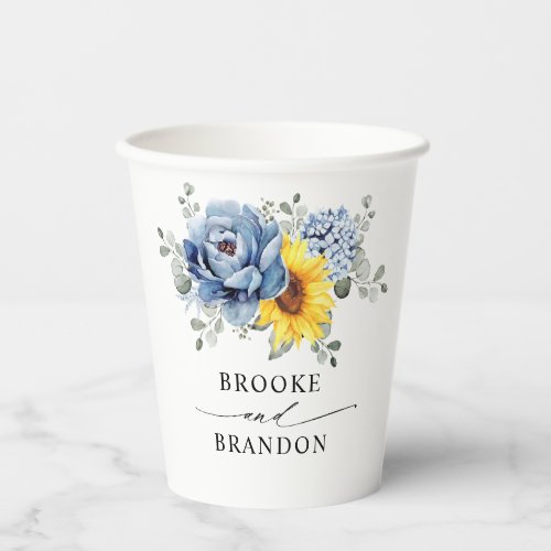 Sunflower Dusty Blue Slate Peony Floral Wedding Paper Cups
