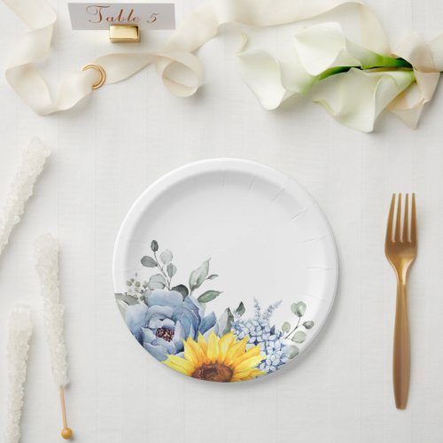 Sunflower Dusty Blue Slate Peony Floral Wedding Paper Plates