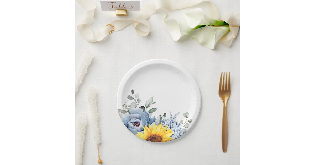 Sunflower Dusty Blue Slate Peony Floral Wedding Paper Plates | Zazzle