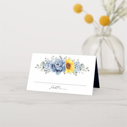 Sunflower Dusty Blue Slate Peony Floral Wedding Place Card