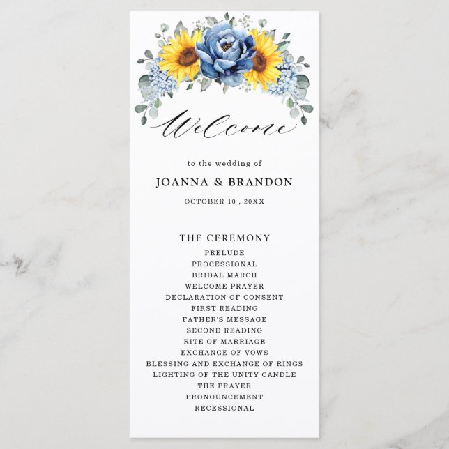 Sunflower Dusty Blue Slate Peony Floral Wedding Program (Front)