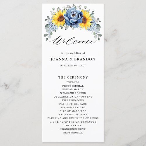 Sunflower Dusty Blue Slate Peony Floral Wedding Program
