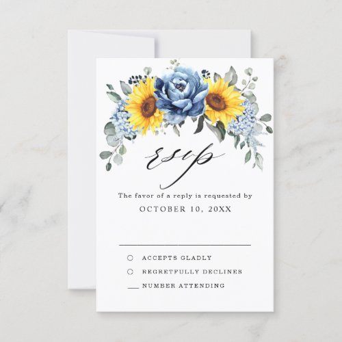 Sunflower Dusty Blue Slate Peony Floral Wedding RSVP Card