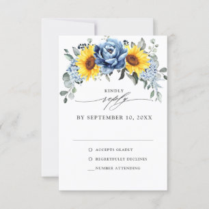 Sunflower Dusty Blue Slate Peony Floral Wedding RSVP Card