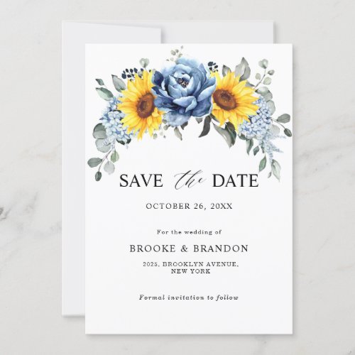 Sunflower Dusty Blue Slate Peony Floral Wedding Save The Date