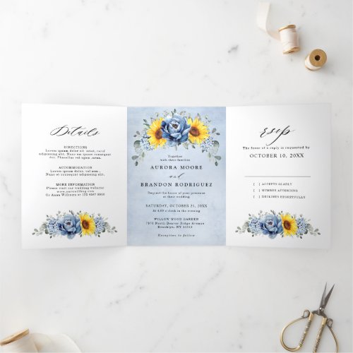 Sunflower Dusty Blue Slate Peony Floral Wedding Tr Tri_Fold Announcement
