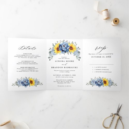 Sunflower Dusty Blue Slate Peony Floral Wedding Tri_Fold Announcement
