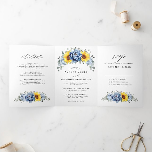 Sunflower Dusty Blue Slate Peony Floral Wedding Tri-Fold Announcement (Inside)
